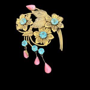 Amazing Vintage 1930’s Blue Zircon Rhinestone Flower Brooch